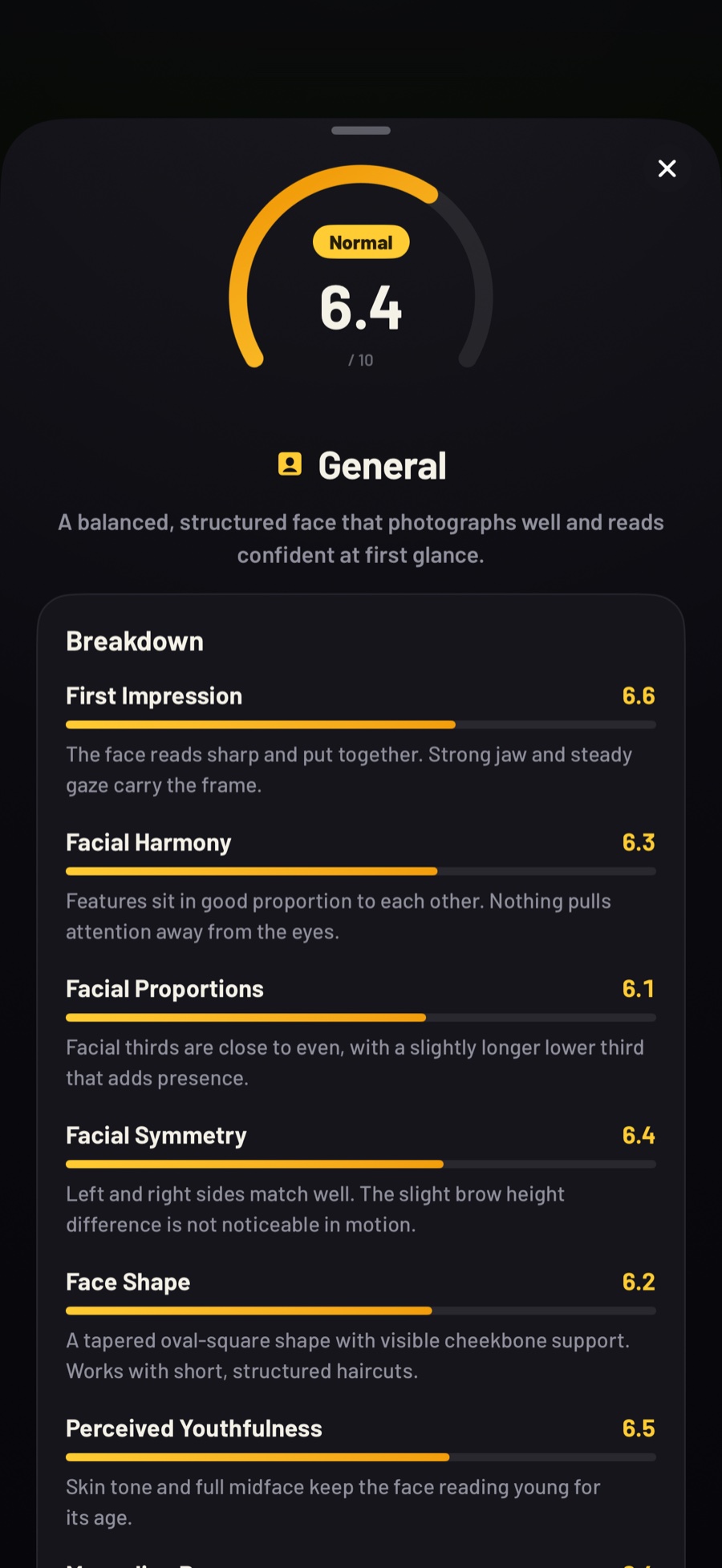 Category detail screen with sub-metric score bars and recommendations
