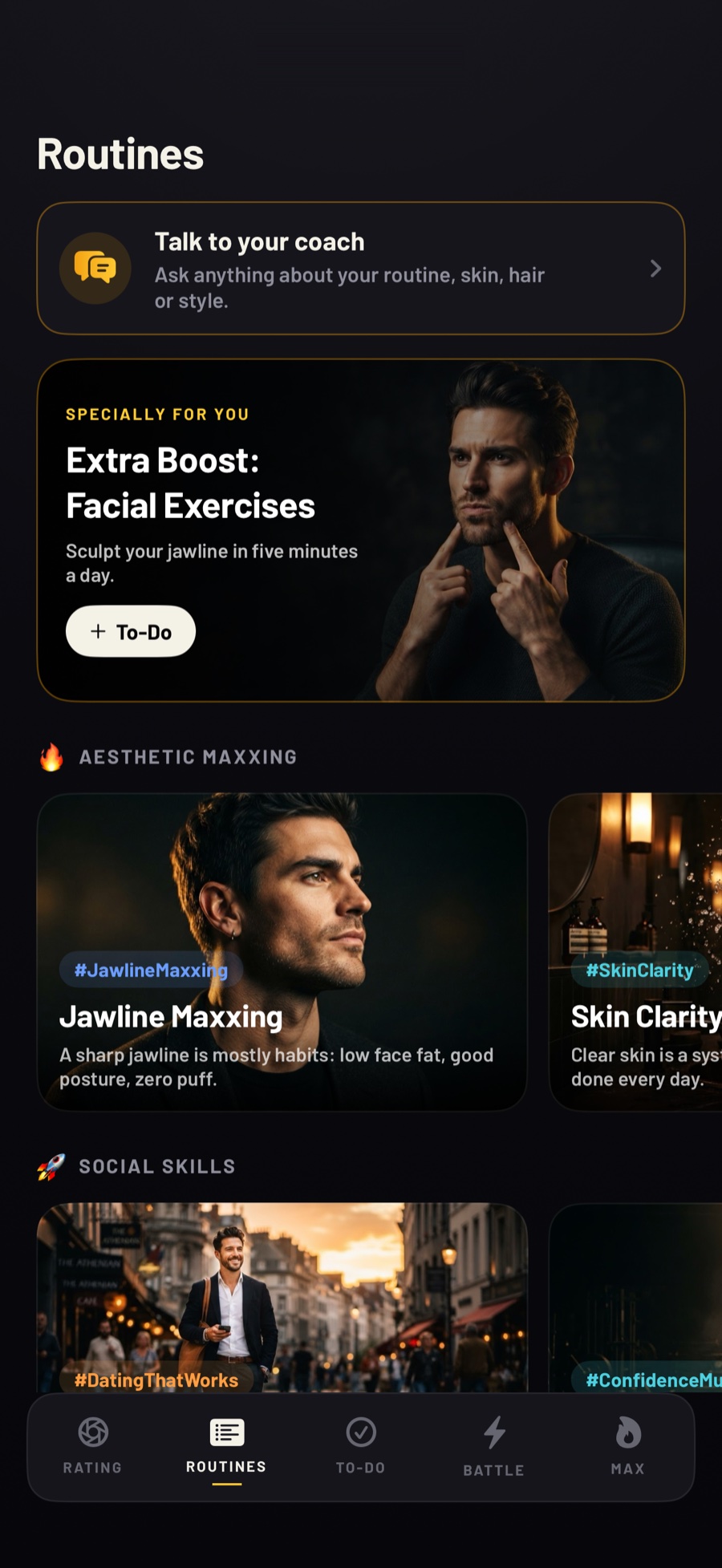 Routine library with photo cards like Jawline Maxxing and Skin Clarity Protocol