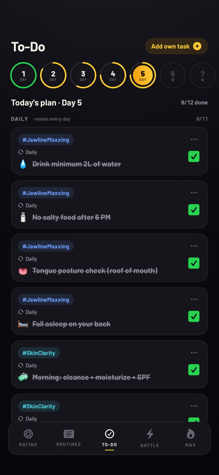 To-Do screen with day progress rings and checked tasks